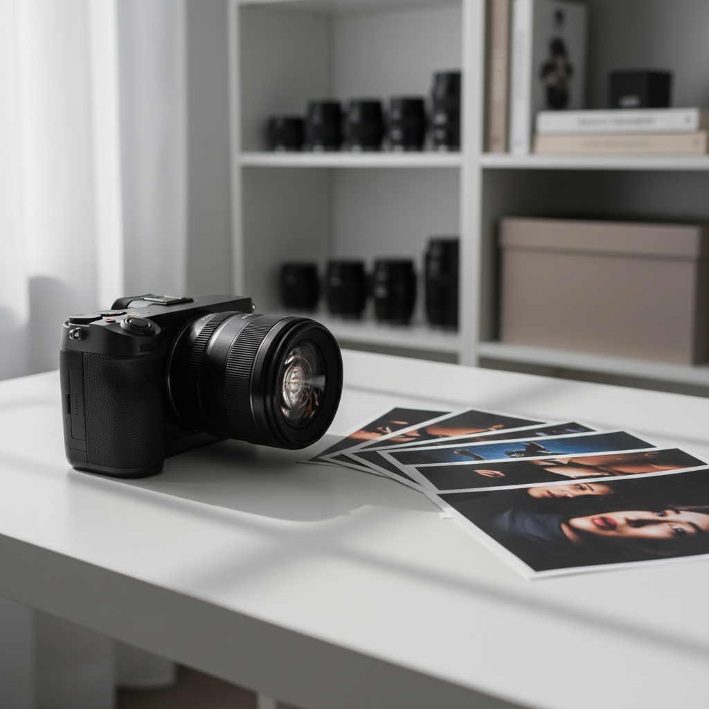 A professional photographer’s sleek black mirrorless camera with a metal body and textured grip, resting on a minimalist white desk in a Paris studio. Next to it, a spread of high-quality event and portrait prints fans out, showing blurred silhouettes and expressive lighting without revealing any faces. Soft window light from the left creates gentle reflections on the lens glass and subtle shadows on the desk surface. In the background, out-of-focus shelves hold neatly arranged camera lenses and archival boxes. Shot at eye level with shallow depth of field and photographic realism, the composition follows the rule of thirds, creating a clean, modern, and professional atmosphere suitable for a homepage hero image.