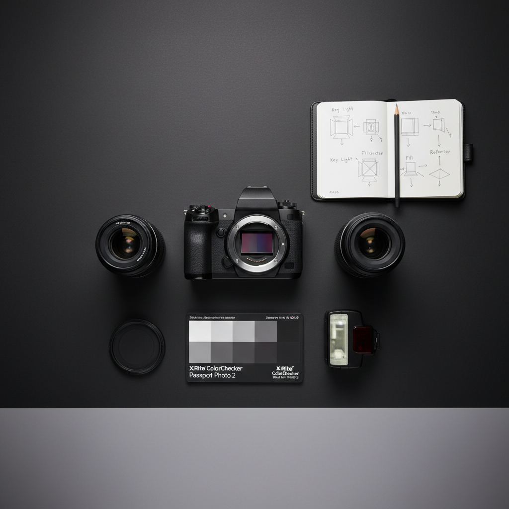 A set of high-end photography tools arranged with precision on a dark matte tabletop: a full-frame camera body, two prime lenses with visible focal length markings, a color calibration card, and a compact external flash. A small, open notebook with neat handwritten lighting diagrams lies nearby, emphasizing thoughtful preparation. Overhead softbox lighting casts even, controlled illumination, creating crisp yet gentle shadows that emphasize the contours of each object. The background is a subtle gradient from deep charcoal to soft gray, keeping focus on the gear. Shot straight down from a bird’s-eye view with photographic realism, the composition is symmetrical and orderly, conveying expertise, reliability, and technical mastery.