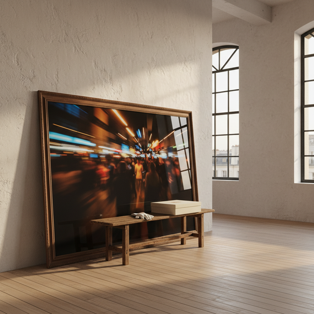 An elegantly framed large-format photographic print leaning against a textured white wall in a Paris loft studio. The image within the frame shows a dramatic, blurred crowd at an evening event, with abstract streaks of colored light suggesting movement and energy, while remaining anonymous. A simple wooden bench sits in front of the frame, holding a closed archival print box and a pair of white cotton gloves. Late afternoon golden light streams in from tall windows to the right, producing long, soft shadows across the wooden floor. Captured at a slightly low angle with moderate depth of field and photographic realism, the scene feels refined, artistic, and quietly confident, ideal for a portfolio or about page.