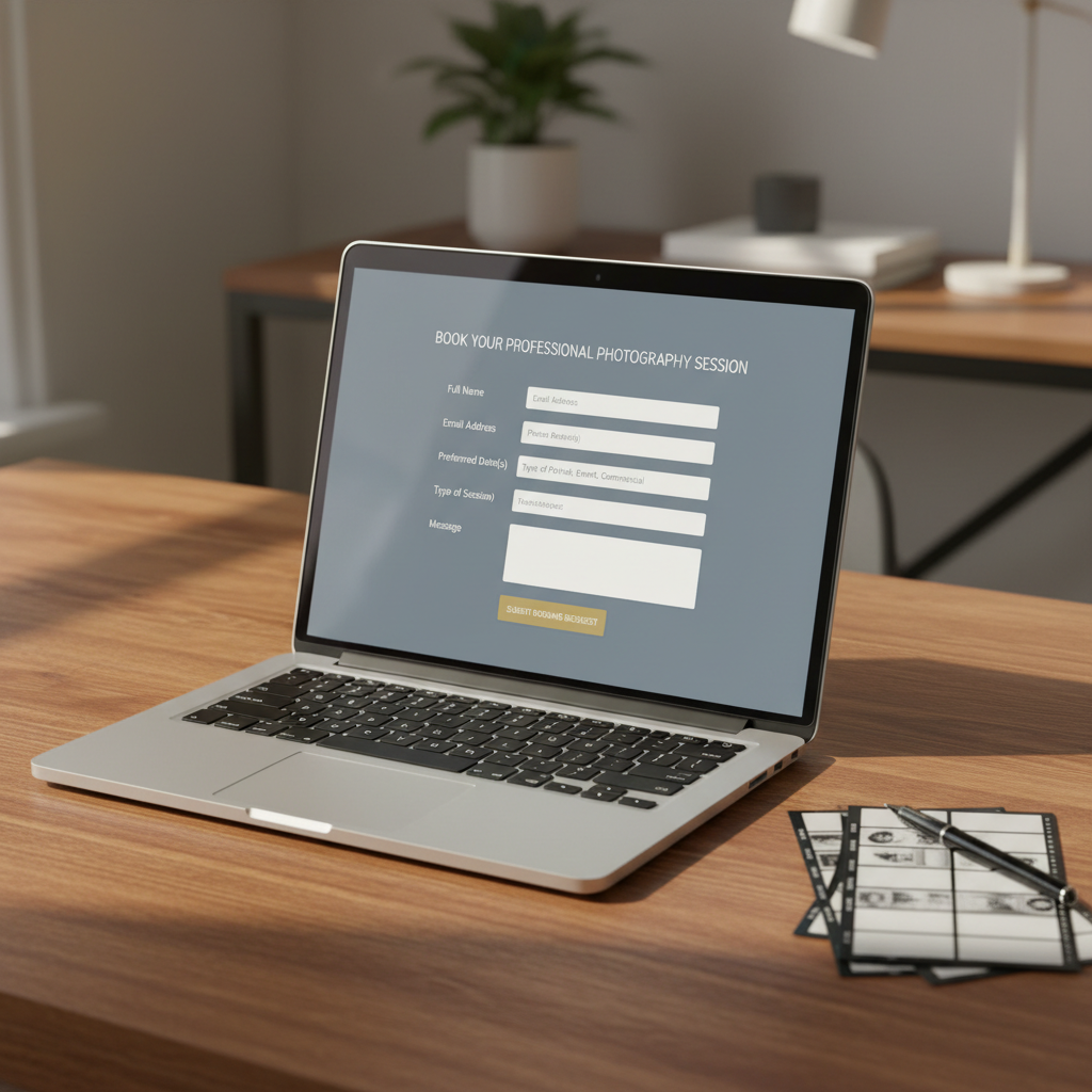 A polished aluminum laptop open on a wooden table, its screen displaying a contact form with clearly labeled fields and a clean, elegant interface for booking a professional photography session. Beside the laptop sits a small stack of contact sheets and a fine-tip black pen resting diagonally across them. Warm, diffused afternoon light from an unseen window illuminates the workspace, adding soft highlights to the laptop edges and gentle shadows beneath the objects. The background fades into a tasteful blur of neutral-colored office elements. Captured from a slightly elevated angle with a balanced composition and photographic realism, the mood is organized, trustworthy, and efficient, perfect for a contact or booking page.