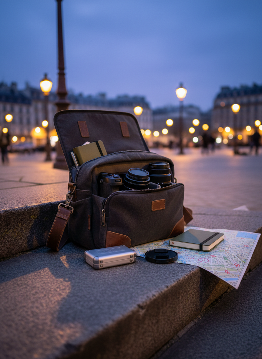 A professional photographer’s compact shoulder bag made of dark canvas with leather trims, resting on old stone steps at the edge of a Parisian square at dusk. The bag is half-open, revealing a carefully organized interior: camera body, lenses, memory card case, and a slim field notebook. Nearby, a weather-sealed lens cap and a folded city map with circled locations hint at an upcoming event assignment. Streetlights have just turned on, casting warm pools of light that contrast with the cool blue of the evening sky, reflected subtly on metal zippers. Shot from a low, three-quarter angle with shallow depth of field and photographic realism, the atmosphere is cinematic, anticipatory, and distinctly urban.